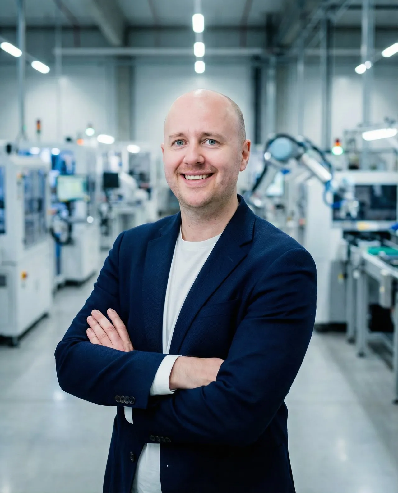 Frank Ewerle mit verschränkten Armen in einer Produktionshalle