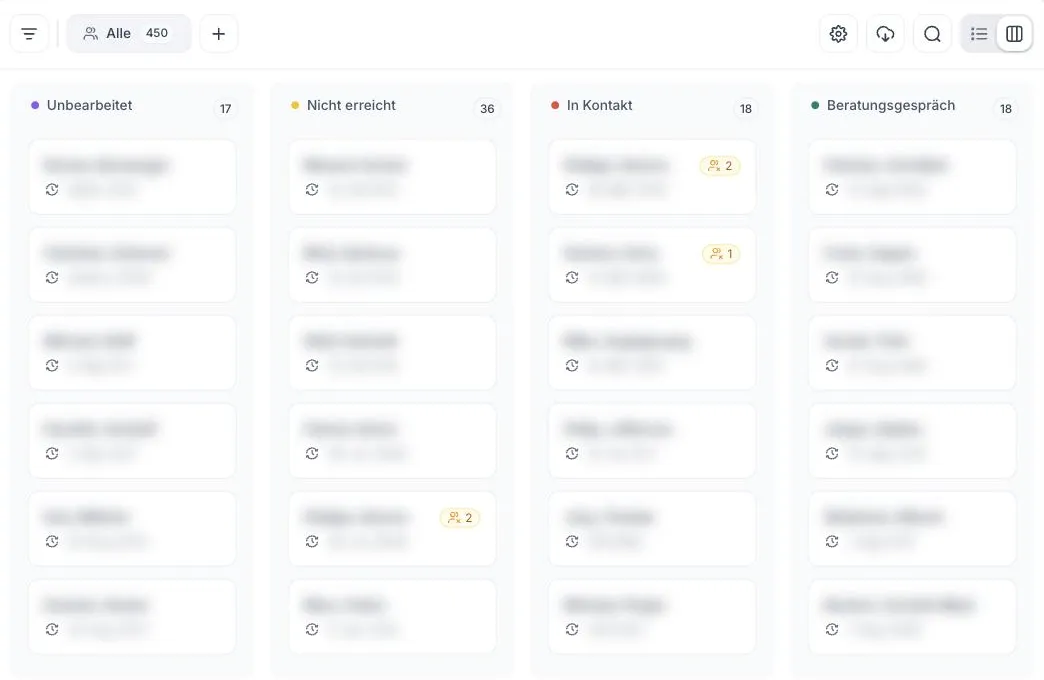 Echtes Anfragen-Kanban im Ewerle-Kundenportal: Spalten einer laufenden Neukunden-Kampagne mit Anfrage-Karten — Namen und Daten unkenntlich gemacht