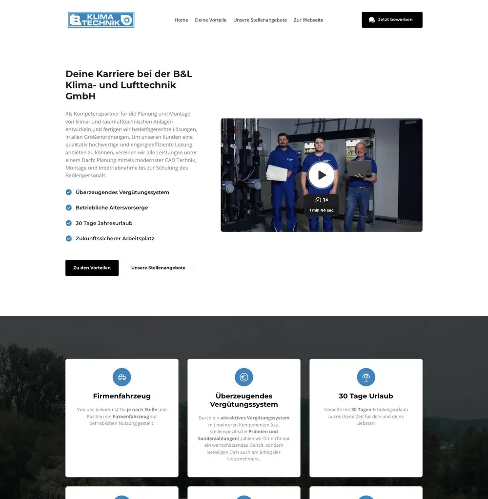 Screenshot der Karriere-Seite karriere.bl-klimatechnik.de