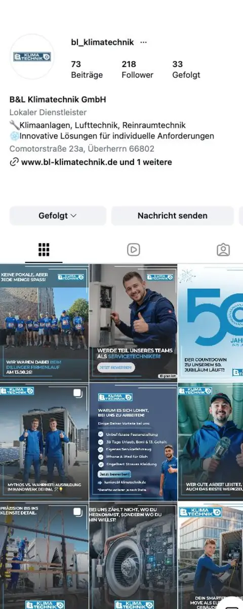 Instagram-Profil @bl_klimatechnik in der Grid-Ansicht